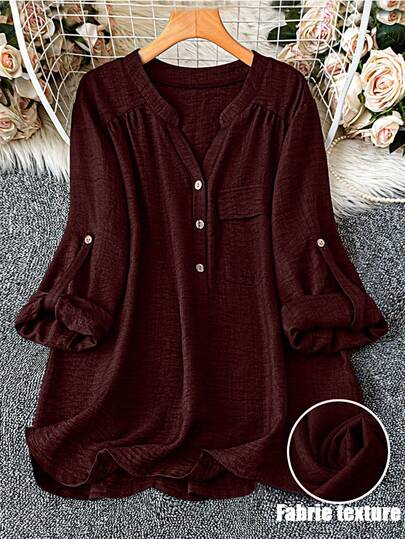 V-Neck Solid Color Casual Roll-Up Sleeve Shirt With Pockets, Stand Collar Half Placket Button Decor, Spring/Summer/Autumn Top