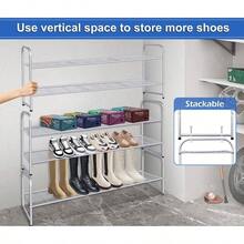 3 - Tier Long Shoe Rack Closet Metal Shoe Organizer Entryway, Wide Stackable Shoe Storage Shelf With Sturdy Wire Grid Closet Floor, Bedroom, Black - Grey + 11.4x43x18.8 - View 5