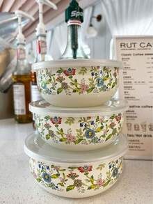 3个便携式午餐盒，适用于新鲜蔬果、冷冻食品、洗碗机适用午餐碗，带盖；时尚搪瓷碗，适用于汤、沙拉等。