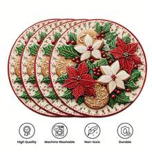 6片/4片/1片圣诞派对圆形餐垫，印有红白圣诞花卉和饼干图案 - 15英寸亚麻材质，防滑 - 彩色 - 查看 4