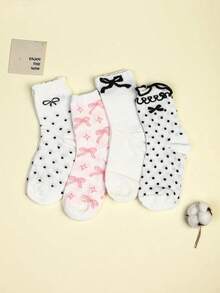 4-Pack Of Women's Mid-Calf Socks With Bow Pattern, Soft And Comfortable, Black And White Color Scheme, Suitable For All Seasons. - 彩色 - 查看 7
