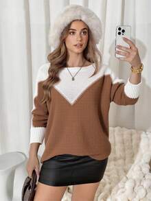 Áo len dệt kim phối màu cỡ lớn dành cho nữ, màu trắng kem và màu be, dáng rộng, cổ chữ V, thích hợp cho mùa thu/đông. - trắng - Xem 8