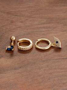3pcs Set Exquisite New Gold Evil Eye Single Earring, 18K Gold Plated Stainless Steel Material, Small Punk Style Earring, Piercing Jewelry - 3pcs for One Ear - View 9
