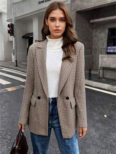 Blazer à carreaux chic pour femmes à manches longues avec boutons devant et poches. Coupe régulière, tissu non extensible, parfait pour le bureau en automne, les rassemblements de vacances, les réunions d'affaires et les sorties au dîner