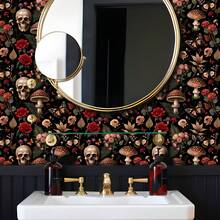 1Roll Halloween Gothic Style Wallpaper, Red Rose Skull Butterfly Seamless Splicing PET Wall Sticker, Removable No Glue Residue Contact Paper, - Multicolor - View 7
