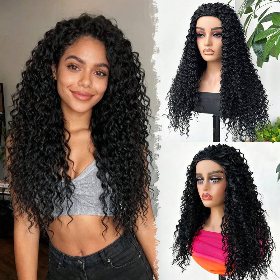 Deep Wave 26 Inch None Lace Front Deep Curly Wig Protein Synthetic Half Wigs With Drawstring For Women Daily ,Beginner Friendly