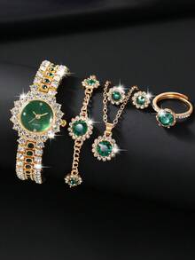 1 Set Reloj de mujer con gemas con incrustaciones de rhinestone, reloj de cuarzo + collar + aretes + pulsera + anillo Set con correa ajustable, tono dorado vintage, reloj de cuarzo de mujer con gemas, perfecto para fiestas, vacaciones, atuendos de cumpleaños o como el mejor regalo para tu mejor amiga - Dorado - Ver 3