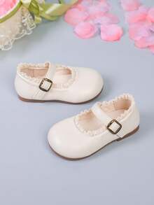 1双女童休闲蕾丝装饰平底鞋，舒适时尚的日常穿脱鞋 - 米色 - 查看 6