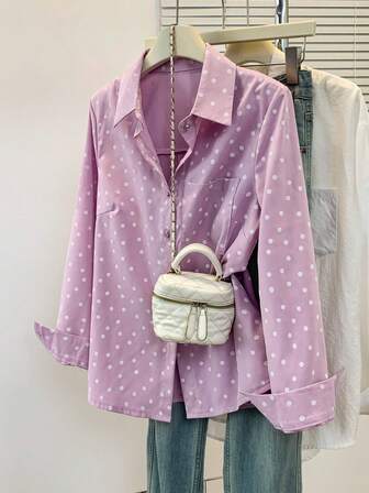 Women's Elegant Polka Dot Lapel Long Sleeve Button-Up Shirt, Suitable For Daily Wear And Holidays, Autumn/Winter