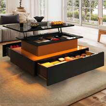 Yitahome Lift Top Coffee Table, High Glossy With LED Strip, Modern Wooden Rectangle Tea Table With 2 Drawers, Black -By GeoTower - Black - View 3