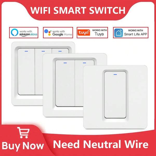 WiFi & Bluetooth Dual Mode Smart Switch - ChevoLink Push Button Wall Switch EU Standard 1/2/3 Gang White Requires Neutral Wire AC 100-240V - Compatible With Alexa And Tuya Smart Life For Voice Seamless Control