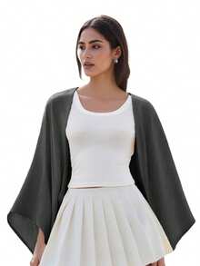 Long Sleeve Summer Knit Shrug, Breathable Lightweight Open Front Bolero, Solid Color Beach Vacation Cover Up, Minimalist Chic Shoulder Shrug - 黑色 - 查看 6