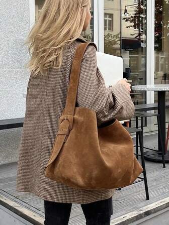 Vintage Commuter Large Capacity Shoulder Bag, Women's Versatile Brown Suede Tote Bag, Elegant Underarm Bucket Bag