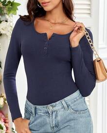 Long Sleeve Shirts For Women Henley Fall Ribbed Button Tops Slim Fit Winter Spring Cute Casual Basic Blouse TeesHalloween Christmas New Year - Màu xanh đậm - Xem 4