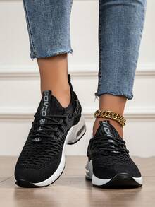 Women's Air Cushion Mesh Breathable Running Shoes, Women's Black Casual Walking Shoes, Women's Black Mesh Breathable Air Cushion Shock Absorbing Sports Shoes, Lightweight Non-Slip Sports Training Shoes Suitable For Gym And Walking, Casual Lightweight Sports Training Shoes