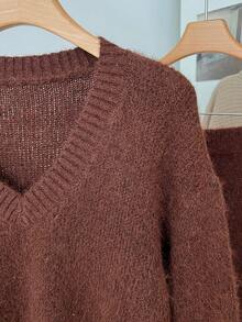 Women's Solid Color Relaxed Casual Long Skirt Minimalist Collar Long Sleeve Sweater + Skirt Knit Set, Slouchy Commute Versatile - Brown - View 6