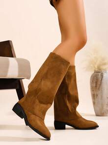 2025 秋冬修身绒面革过膝中筒粗跟尖头女式马术靴，西部靴 - 卡其色 - 查看 3