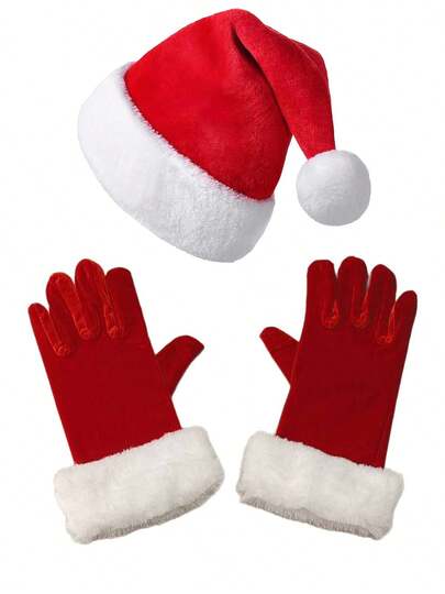 Classic Christmas Hat And Gloves Set,T Santa Set For Women Men, Festive Matching Party Costume, Warm Xmas Gift Bundle, Pllvet Christmas Accessories