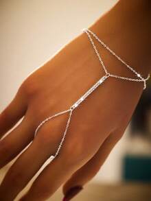 SYMFNY 1pc 925 Silver Fashion Elegant Pave Bar & Cubic Zirconia Conjunction Ring & Bracelet, Suitable For Women's Daily, Party, Holiday Wear - Silver - View 5