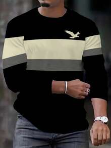 男士圆领长袖T恤，时尚街头风透气T恤，休闲舒适上衣，春夏度假休闲男装，适合作为礼物 - 彩色 - 查看 2