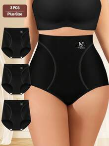 3 quần lót cạp cao cỡ lớn cho nữ, kiểm soát bụng, co giãn, mềm mại, thoáng khí - màu đen - Xem 3