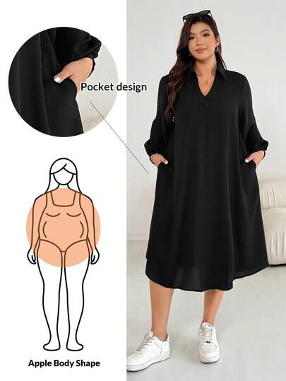 Shapeblank Plus Size Women Apple-Shaped Body Fall And Winter Fashion Casual Loose Comfortable Cool Daily Black V-Neck Long Sleeve Mid-Length Dress, Conservative Dress, Church Clothes Women, Old Money Style, Modesty Clothes Women, Black Dress, Winter Outfits, Airport Outfits, Casual Blouses For Ladies Winter Dress For Women, Winter Clothes For Women