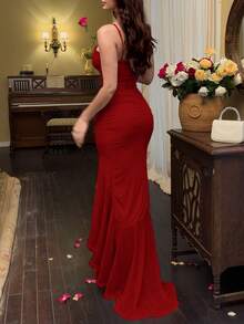 Váy dự tiệc màu trơn gợi cảm xẻ tà bất đối xứng/không đều StyleQye dành cho nữ, trang trọng, thoải mái, đa năng, dự tiệc tối - Đỏ - Xem 4