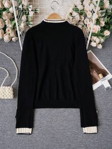 女式秋冬二合一高领针织毛衣，新款分层长袖上衣 - 黑色 - 查看 7