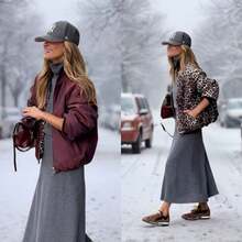 女士双面夹克，时尚百搭，酒红色加厚保暖棉质外套，适合秋冬季节穿着，豹纹印花，酒红色夹克 - 酒紅色 - 查看 1