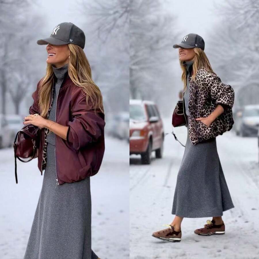 女士双面夹克，时尚百搭，酒红色加厚保暖棉质外套，适合秋冬季节穿着，豹纹印花，酒红色夹克 - 酒紅色 - 查看 1