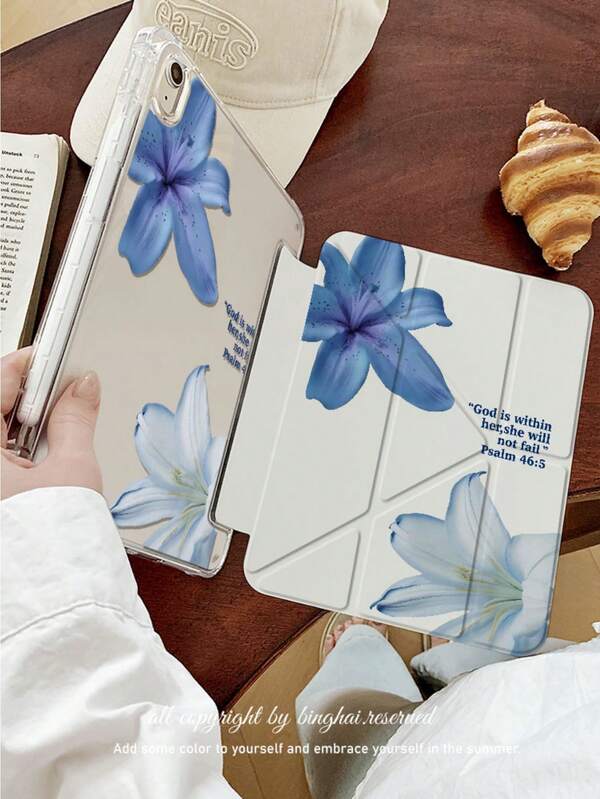 1 Piece, Beautiful Blue Lily Flower Double-Sided Printed Apple Tablet Protective Cover, 3+Y Folding Transparent Acrylic Hard Protective Cover, With Automatic Wake-Up/Sleep Function, Compatible With Pad Models: Pad 10th/11th Generation Pad 2025/9th Generation Pad, Supports Multi Angle Stand, Equipped With Pen Slot, Non-Magnetic Protective Cover, Suitable For Office And Study Scenarios