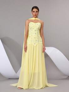 新款女士性感闪亮手工镶钻吊带长裙套装，露背修身长裙，优雅女士正式晚宴、婚礼、节日派对套装 - 黃色 - 查看 2