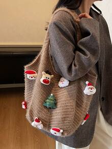 1pc, Versatile Fashion , High-Value Niche Design, Hand Bill Of Lading Shoulder Tote Bag, Contrast Knitted Fabric, Multi-Color Optional Large-Capacity Fan-Shaped Bag For Santa Claus Christmas Tree Deer Decoration, Suitable For Ladies' Daily Commuting And Shopping Occasions.