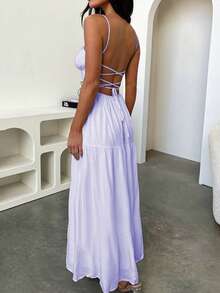 Onicee Women's Winter Dress, Purple Spaghetti Strap Backless A-Line Elegant Party Dress, Suitable For Valentine's Day, Dates, Gatherings, Parties, Travel, Vacation, Beach And Other Occasions - Purple - View 3