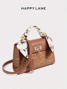 HAPPY LANE Fashionable Brown Patchwork Minimalist Style Handbag, Retro Vacation Vibe Shoulder Bag, Comes With Ribbon Accessory, Suitable For Business, Casual, Shopping, And School, Front Twist Lock Handbag, With Shoulder Strap, Crossbody Bag, Lightweight And Durable, Vintage Charm, Elegant And Unique Style For Women, Suitable For Any Occasion - Màu be - Xem 4