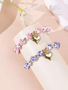 1pc Heart Pendant Ceramic Bead Bracelet, Women/Couples Everyday/Holiday Accessory