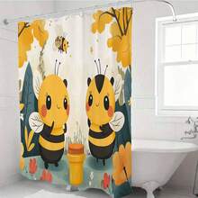 1Pc 71"W X71"L (180 X 180cm) Cute Cartoon Bees With Honey Pot Shower Curtain, Bees, Honey Pot, Flowers, Leaves, Ing Style Bathroom Decor, Polyester Fabric Curtain For Bathroom, Machine Washable, Easy Hang, Suitable For Nature And Animal Lovers, Homes, Hotels, Bringing A Lively Garden Vibe To Bathroom - 金色 - 查看 4