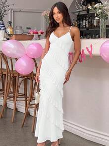 Women's Backless Bodycon Spaghetti Strap Elegant Ruffle Maxi Cocktail Party Dresses, 2025 QMO3 - 白色 - 查看 5