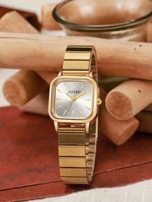 1 件女士时尚方形铆钉刻度竹节式钢带石英腕表，圣诞节、生日、节日礼物 - 金色 - 查看 8