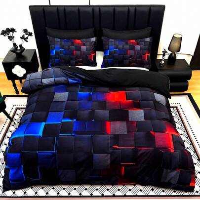 3pcs Cool Technology Digital Printing Material Quilt Cover Set Four Seasons Product, Red And Blue, Four Sizes(Twin, Full, Queen, King) (1 Quilt Cover + 1/2 Pillowcase, Without Filling)