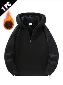 Men's Half-Zip Sweatshirt, Fashion Minimalist Solid Color Velvet Long Sleeve Sweatshirt, Autumn/Winter - Black - View 3