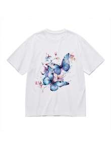 Camiseta de algodón de verano, camiseta casual para mujeres S con estampado de mariposa y flores en acuarela, cuello redondo, mangas cortas, tejido ligero, longitud regular, lavable aáquina, para usar en todas las estaciones, diseño transpirable y de secado rápido. - Blanco - Ver 7
