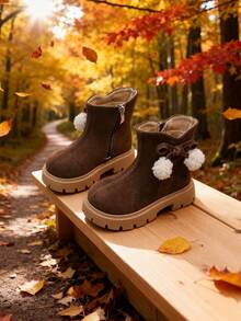 Girls' Boots, Children's Boots, Girls' Suede Ankle Boots, Cute Pom Pom Decor, Warm And Comfortable, Fashionable And Easy To Wear. Girls' School Shoes (Bow Decor In Two Styles, Randomly Shipped) - Brown - View 6