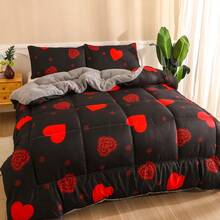 1pc Printed Thick Quilt, Reversible, Soft And Comfortable - Love Black - View 13