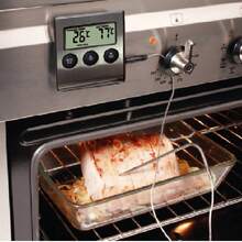 PromoClick Termómetro digital de cocina con temporizador, alarma y sonda de acero inoxidable ideal para medir la temperatura de carnes, alimentos y líquidos con precisión , Cuenta con pantalla digital fácil de leer, botón para cambiar entre °C y °F, y aguja de acero inoxidable con cable resistente al calor, perfecta para usar en hornos o parrillas - Plateado - Ver 4