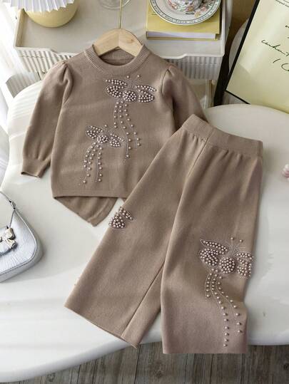 2pcs Set: 1pc Girls Elegant Beaded Butterfly Knit Sweater Top And 1pc Beaded Butterfly Knit Sweater Pants Set, Suitable For Casual Everyday Wear, Spring/Autumn/Winter