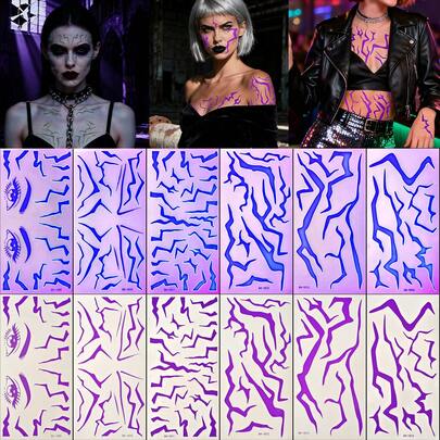 6pcs Glow In Dark/UV Purple Temporary Tattoo Stickers, Movie Hunter Tattoo Stickers, Korean Purple Character Cosplay Accessories, Dance Role Play Tattoo Sticker Props, Suitable For Cosplay, Y2K Tattoo Stickers