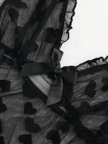 2pcs Women's Heart Mesh Sheer Crotchless Sexy Lingerie Set, Ruffled Hem Semi-See-Through Sleepwear Nightwear, Tempting Intimate Outfit - Black - View 8