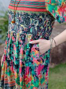 FANMUER Váy đi biển mùa hè họa tiết hoa Bohemian thanh lịch giản dị dành cho nữ - Đen và xanh lá cây - Xem 9