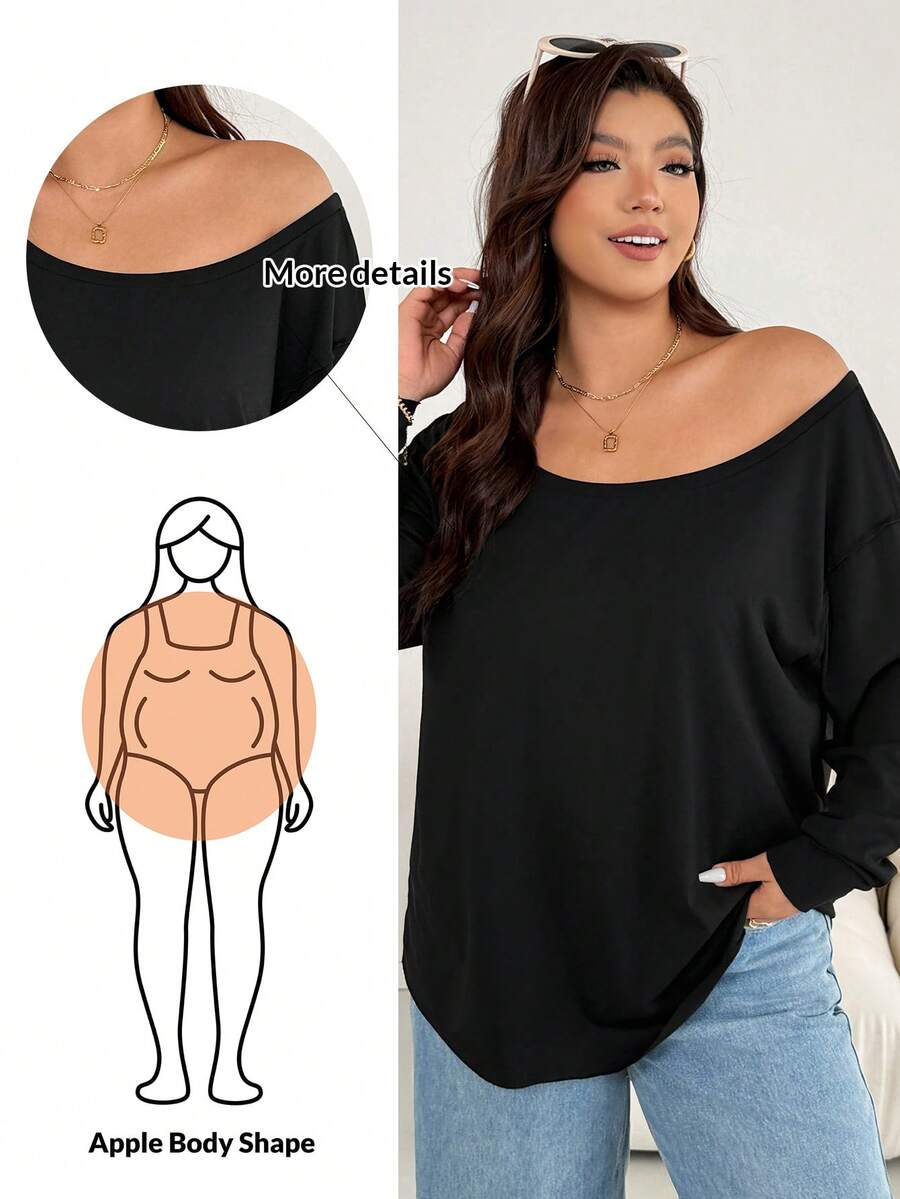 Shapeblank Plus Size Women's Apple-Shaped Body Autumn And Winter Casual Comfortable Loose Long Sleeve Off-Shoulder Black Tee, Fall/Winter Women T Shirts, Costume, Winter Outfits, Black Shirt, Long Sleeve Shirt For Fall/Winter, Airport Outfits, Asymmetrical Top, Winter Clothes For Women - Black - View 1